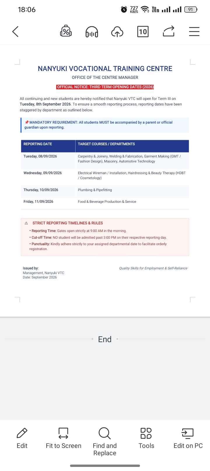 Nanyuki VTC Announcement Image